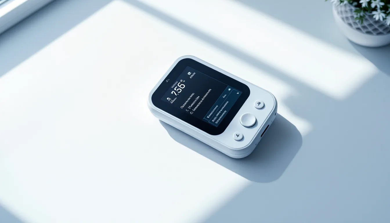 A handheld medical device on a pale desk, its screen showing a French settings menu