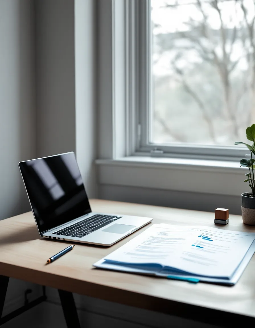 A pale desk by a window with a laptop, a tabbed instructions booklet and a rubber stamp
