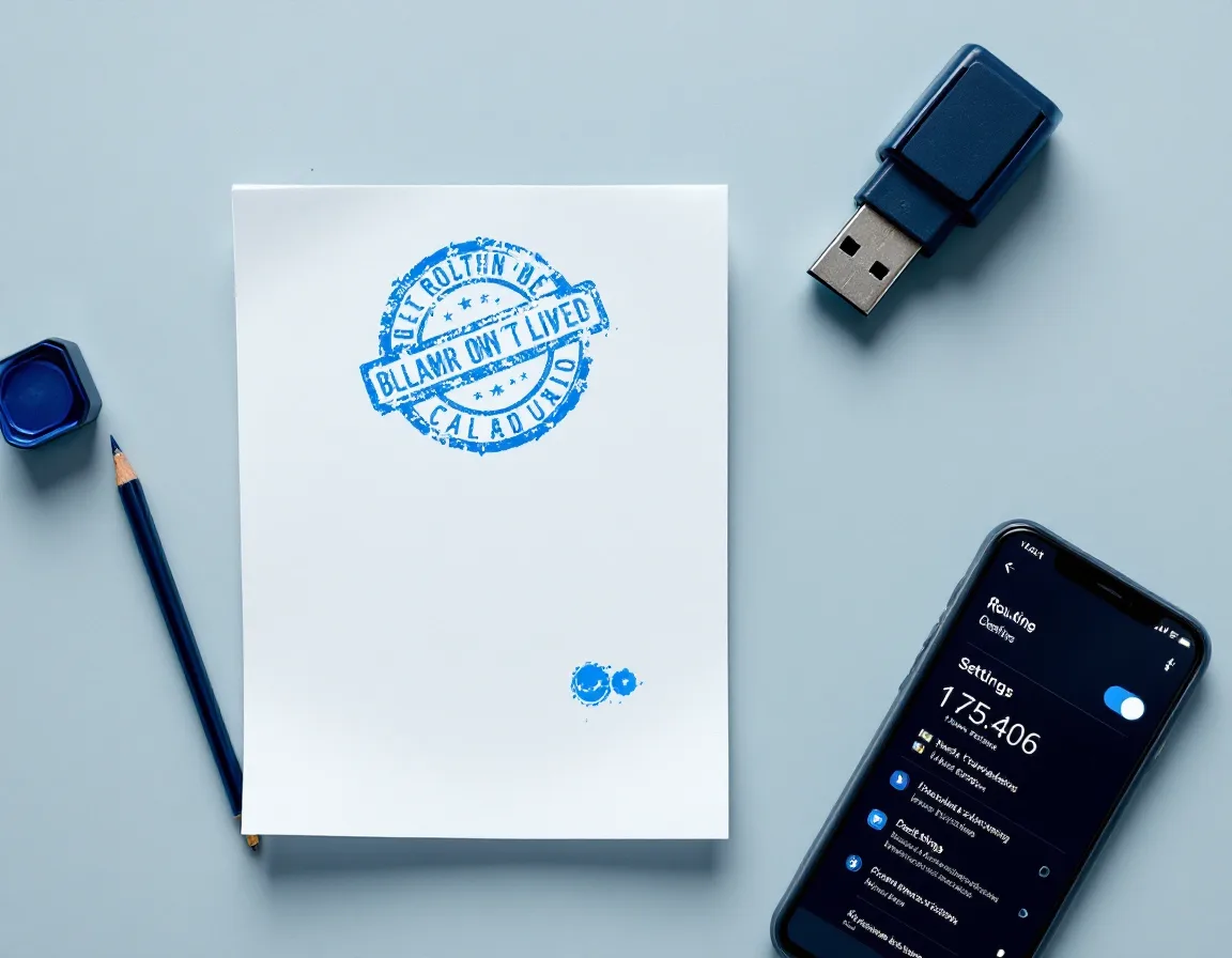 A paper routing slip with a blue stamp beside a USB drive and a printed app screenshot