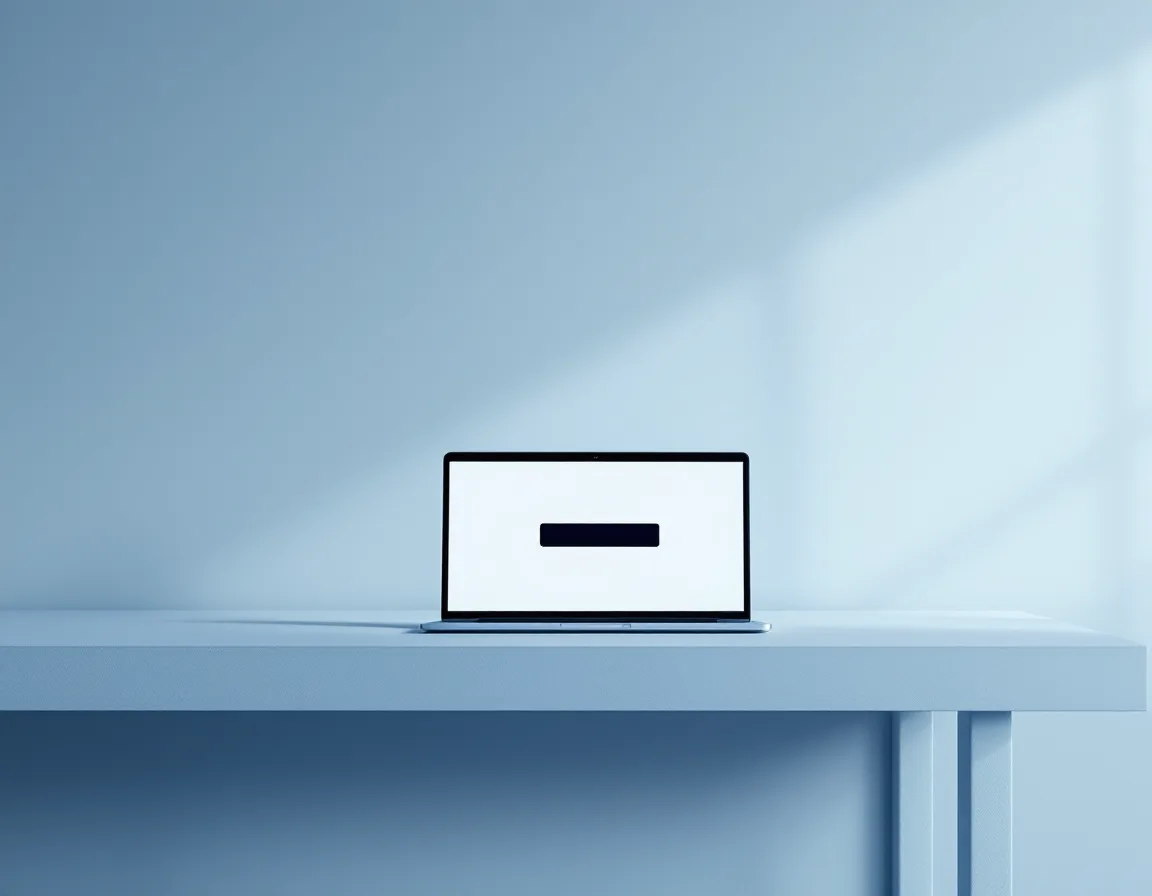 A half-open laptop on a bare table showing an interface with a truncated button